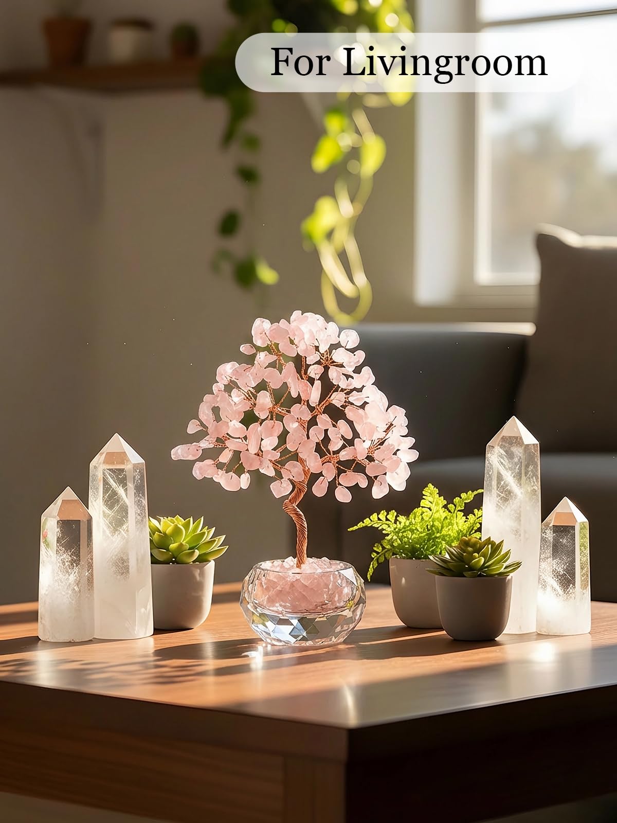 Jovivi Large Rose Quartz Crystals Tree, 5.51"-5.91" Natural Crystal Healing Stones Tree Glass Bowl Base Gemstone Money Trees Feng Shui Good Luck Home Desk Decor