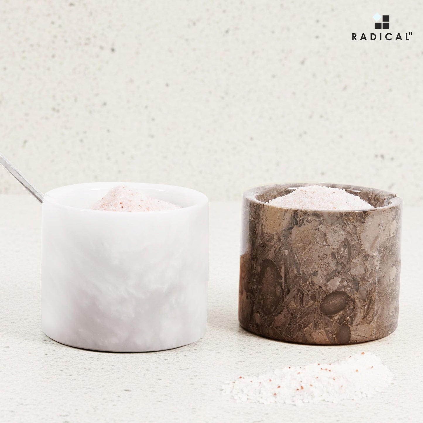 Radicaln Marble Salt Cellar with Lid and Tray 3" Inch Oceanic and White Handmade Salt Dish For Kitchen Countertop, Ideal Set of 2 Seasoning Jars & Table Salt Container For Table