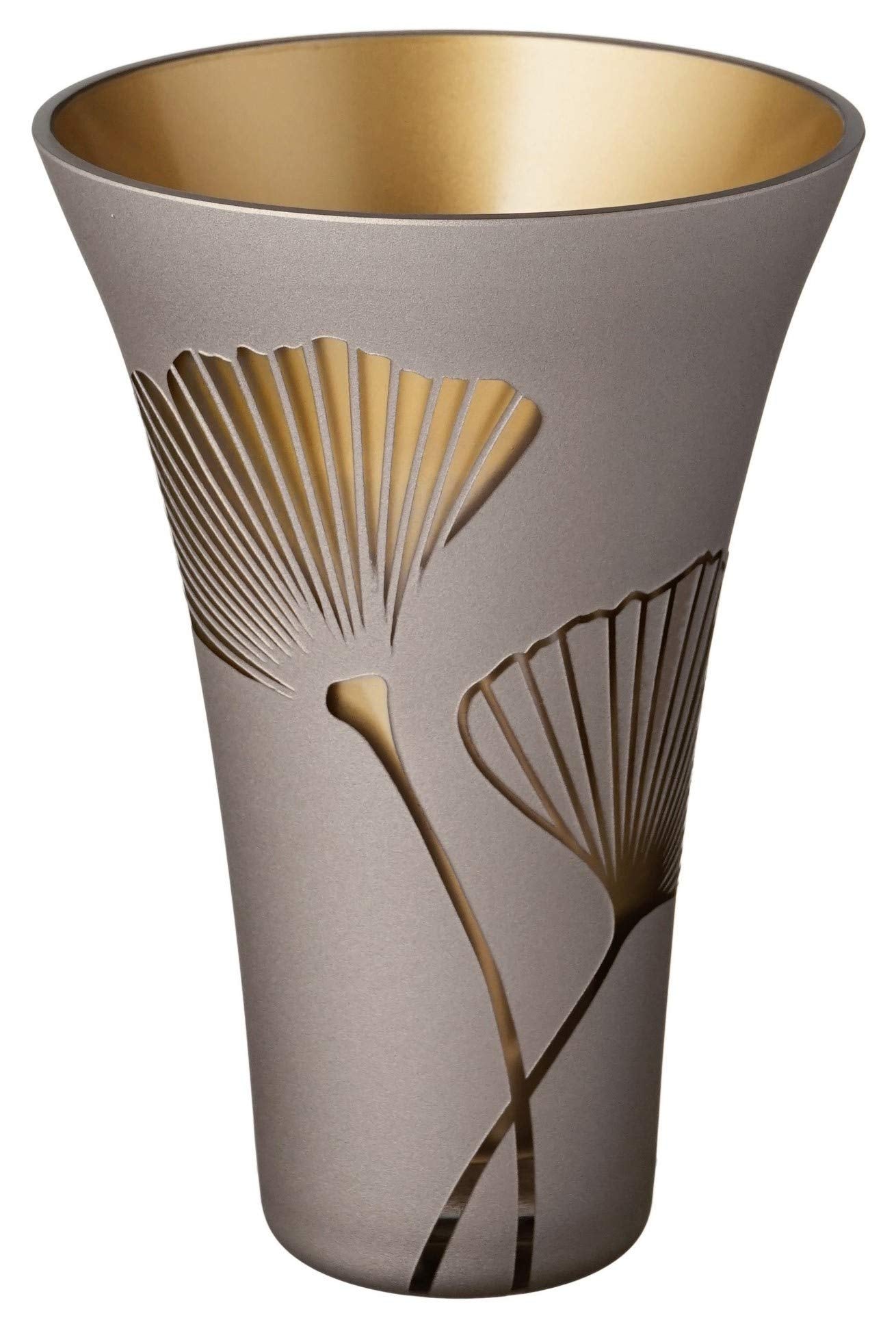 Golden Glass Vase - Etched & Painted Gold Ginkgo Leaves Decor - Mouth Blown Thick Glass - Elegant Home Wedding Decor - Golden Gift Box - 9.4 in (24 cm)