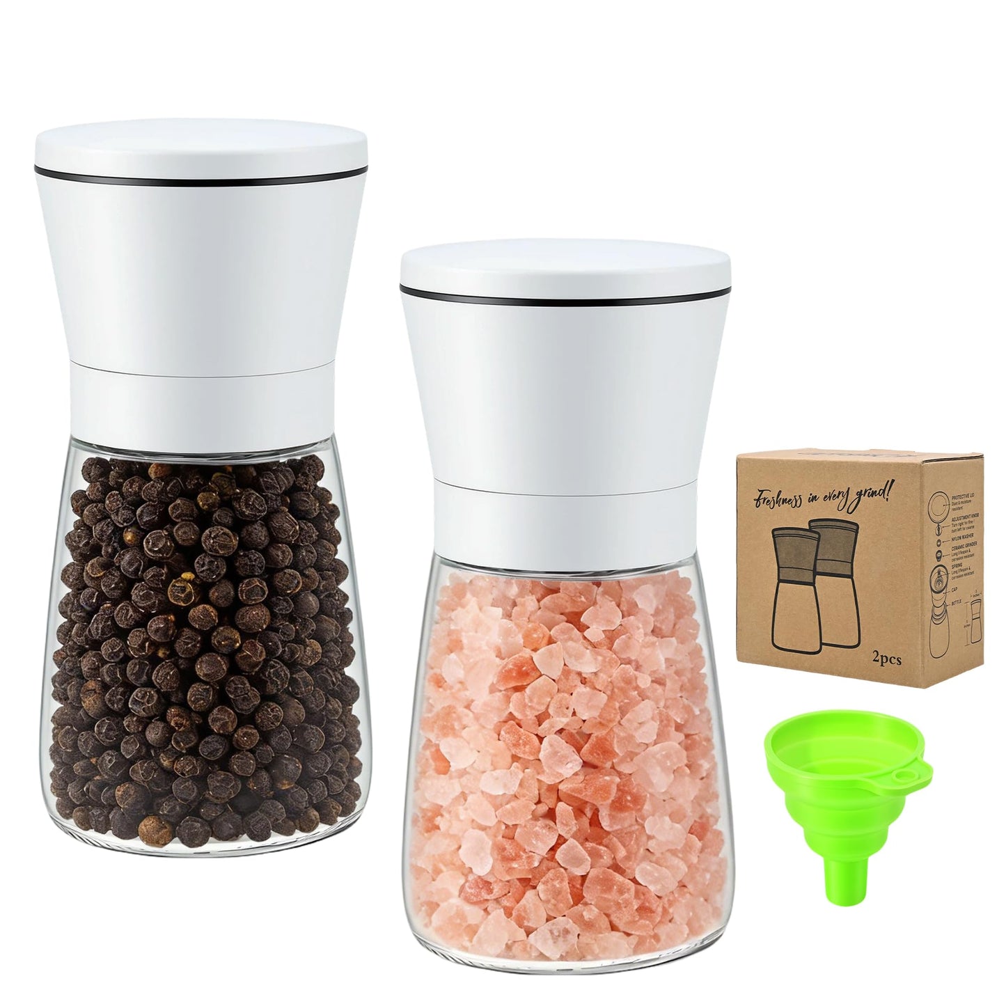 R DRURLCD White Salt and Pepper Grinder Set of 2, Manual Ceramic Spice Mills with Stainless Steel & Glass Body, Adjustable Grinding for Kitchen Decor & Gifts
