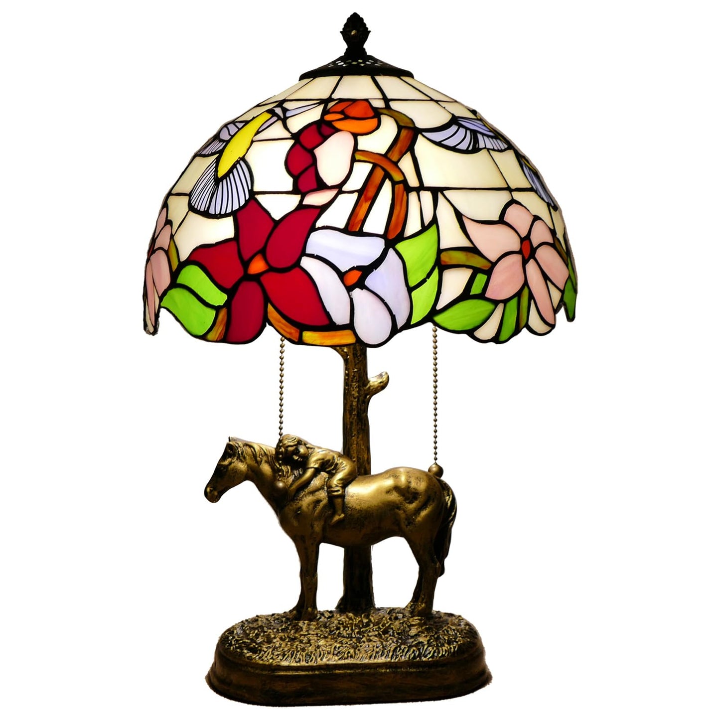 JGWSQ Hummingbird Tiffany Table Lamp, Flower Stained Glass 2-Light Lamp