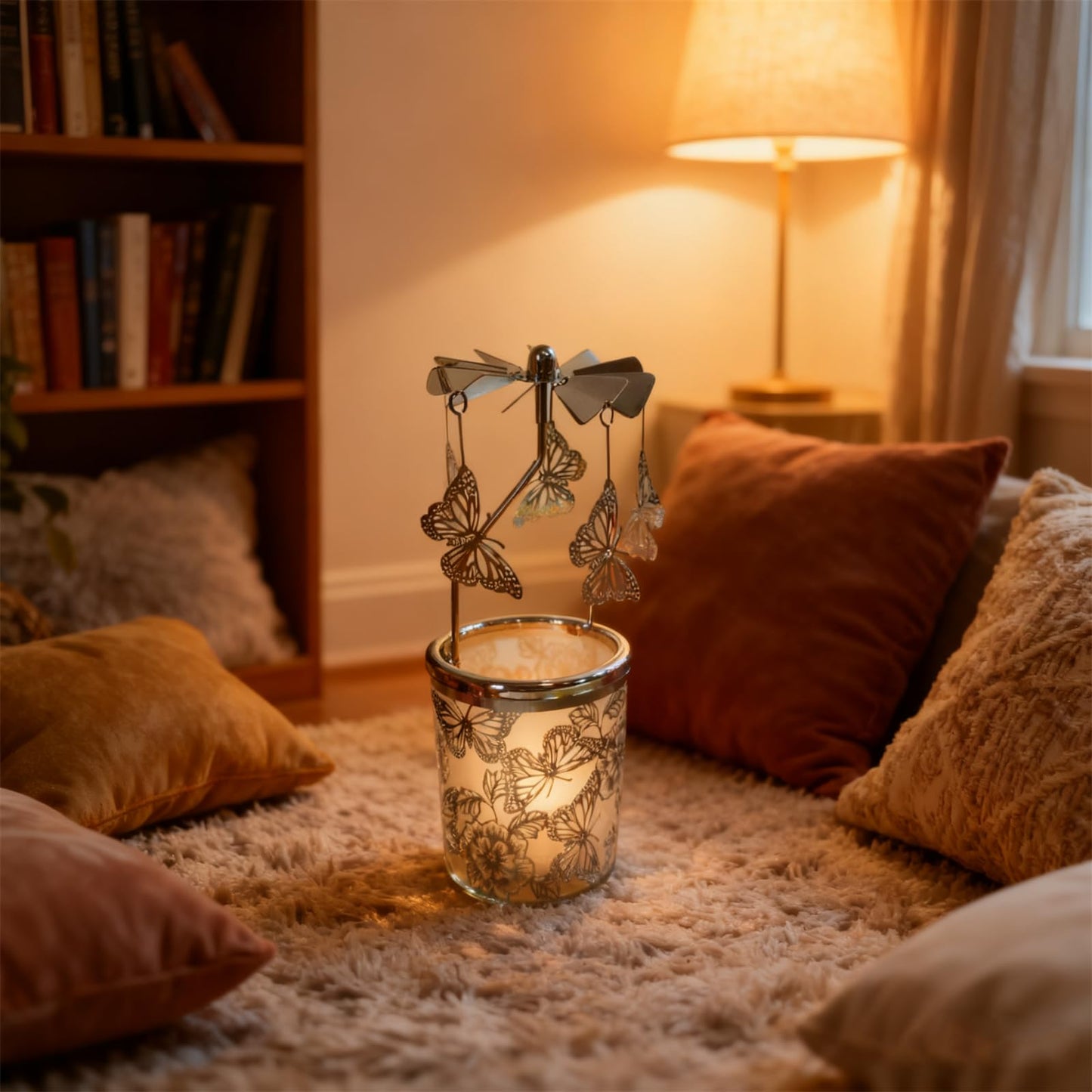 Carousel Rotary Candle Holder Spinning Birthday Gifts for Women, Mom, Wife, Girlfriend, Sister, Her, Metal Windmill Tea Light for Female Friends (Silver Butterfly)