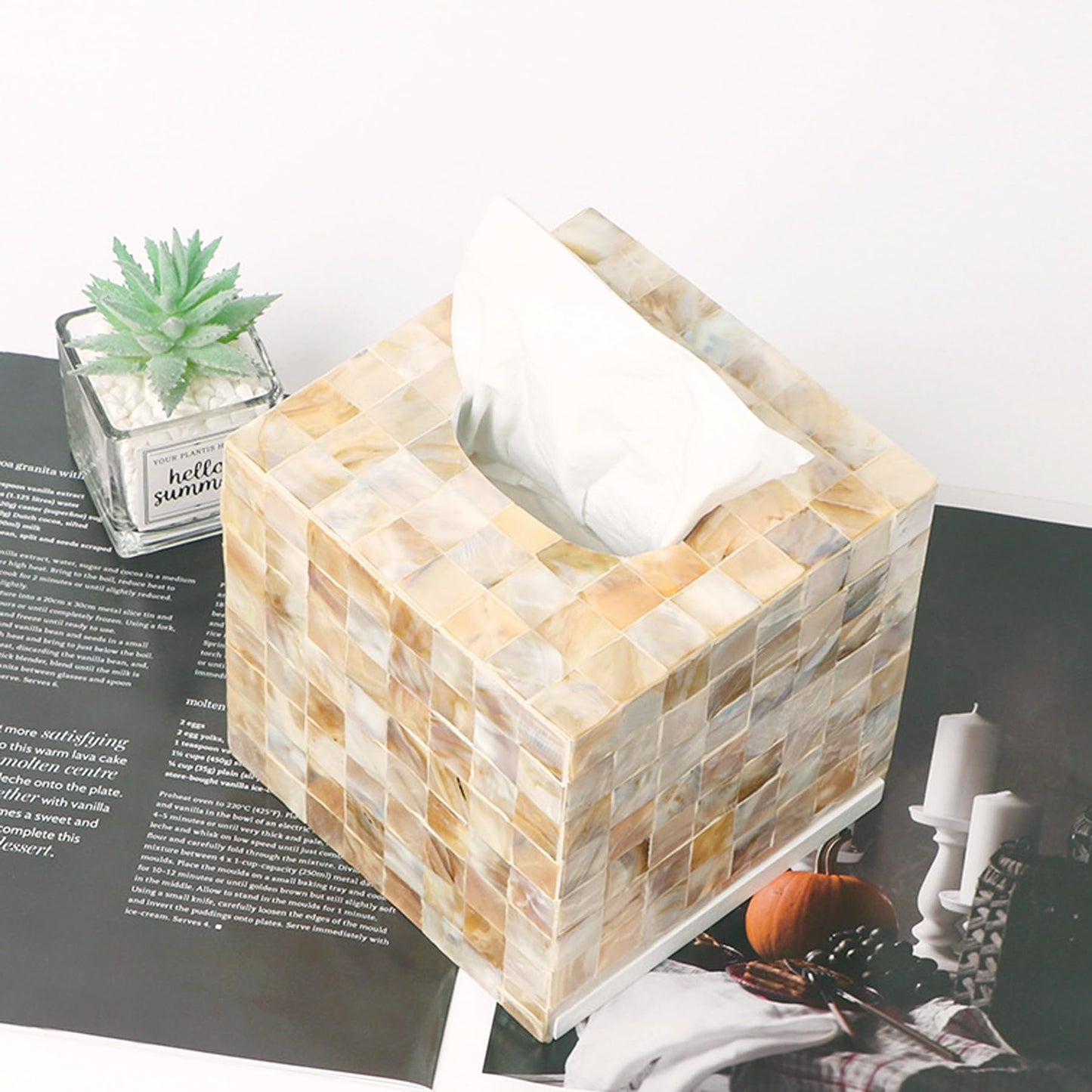 i-lan Mother of Pearl Tissue Holder,Sea Pearl Shell Decorative Square Tissue Cover Box for Bathroom,Mother of Pearl Napkin Box,MOP Tissue Cover Cube Box(champagne gold)