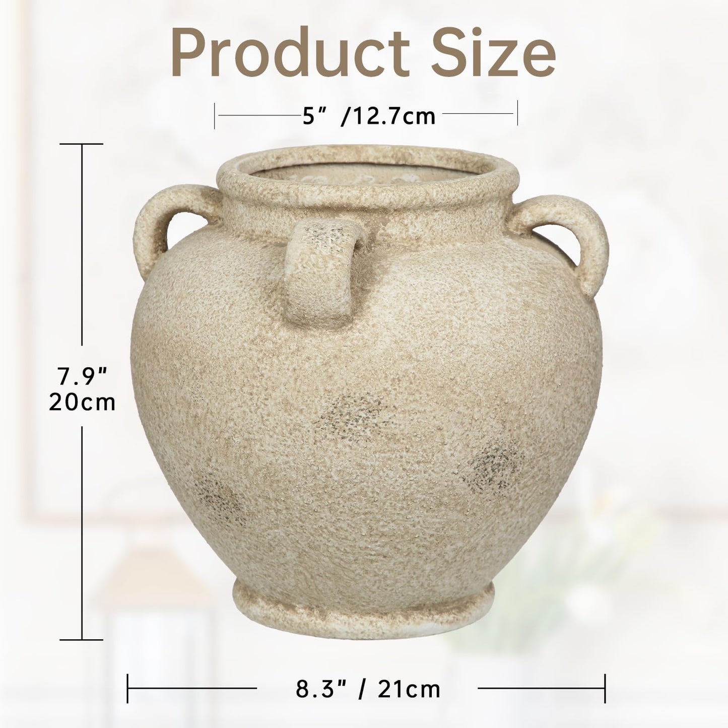 Rustic Ceramic Vase with Handles – Antique-Style Beige Farmhouse Pottery Decorative Urn for Table Centerpiece, Mantel, Shelf, or Entryway Home Décor