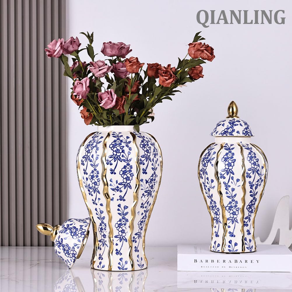 White and Gold Blue Luxury Ceramic Ginger Jar Vase with Lid - Modern Geometry Decorative Vase for Home Decor, Living Room, Kitchen, Dining Table, Cabinet Decor