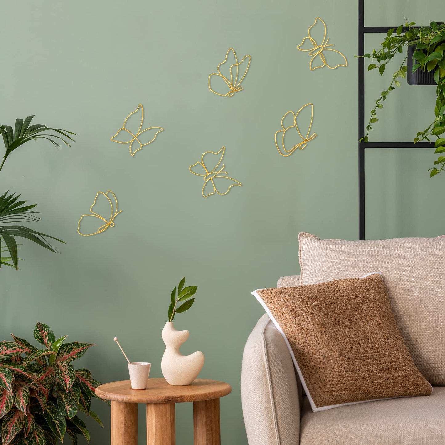 Hotop 6 Pieces Gold Metal Butterfly Wall Decor Wired Butterflies Wall Art Line Flowers Hanging Decorations for Bedroom Living Room Kitchen Bathroom Indoor Wedding Birthday Party