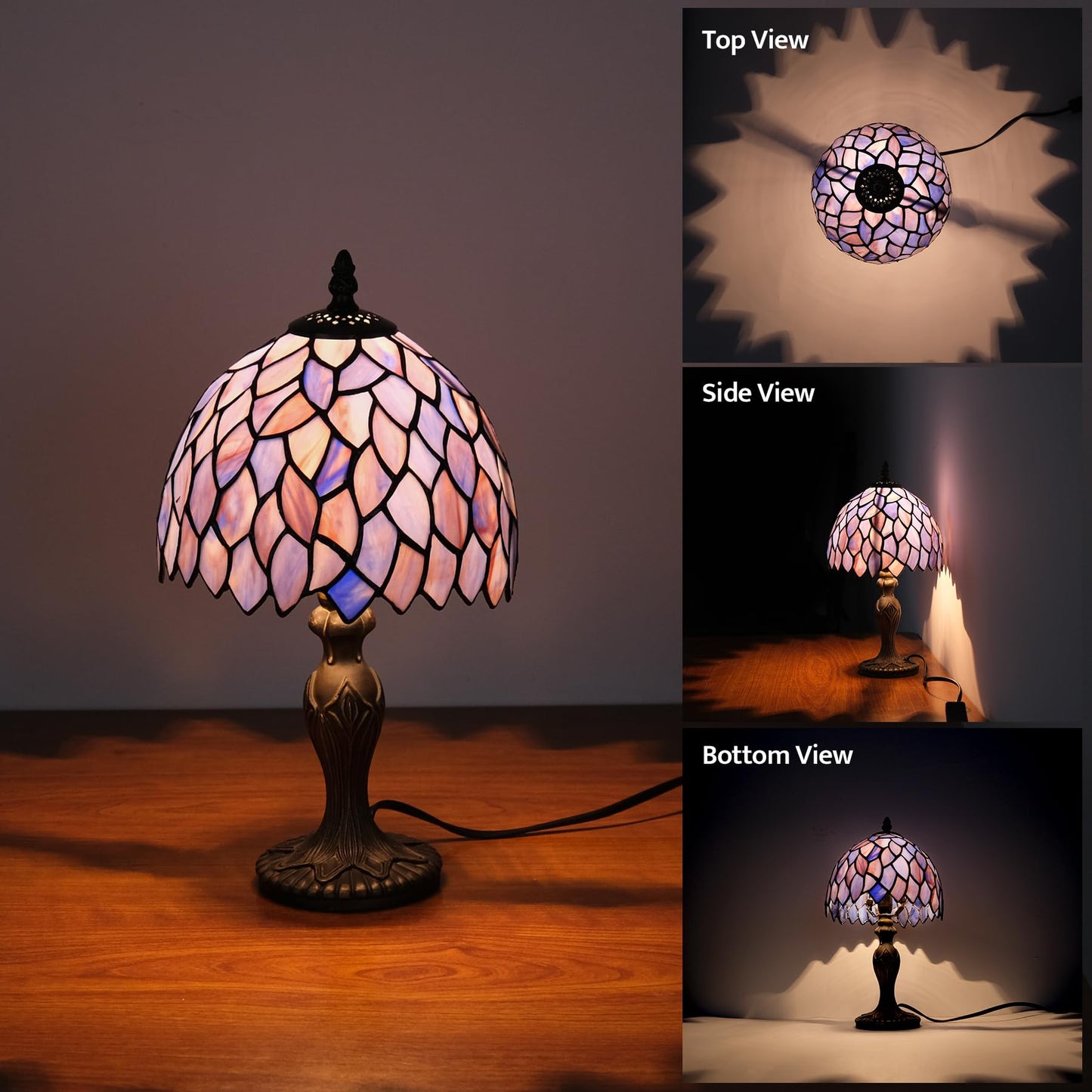 GILGGAK Small Tiffany Stained Glass Table Lamp Wisteria Style Hand-Made Lampshade Nightstand Light for Bedroom Dorm Living Hallway Coffee Table Office Housewarming Gift 8X8X15 (Blue Purple Wisteria)