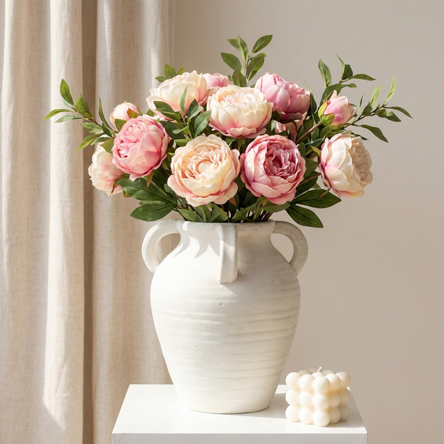 Rustic White Ceramic Vase, Wide Mouth Terracotta, Antique Decorative Flower Vase with 4 Handles, 9.7 in