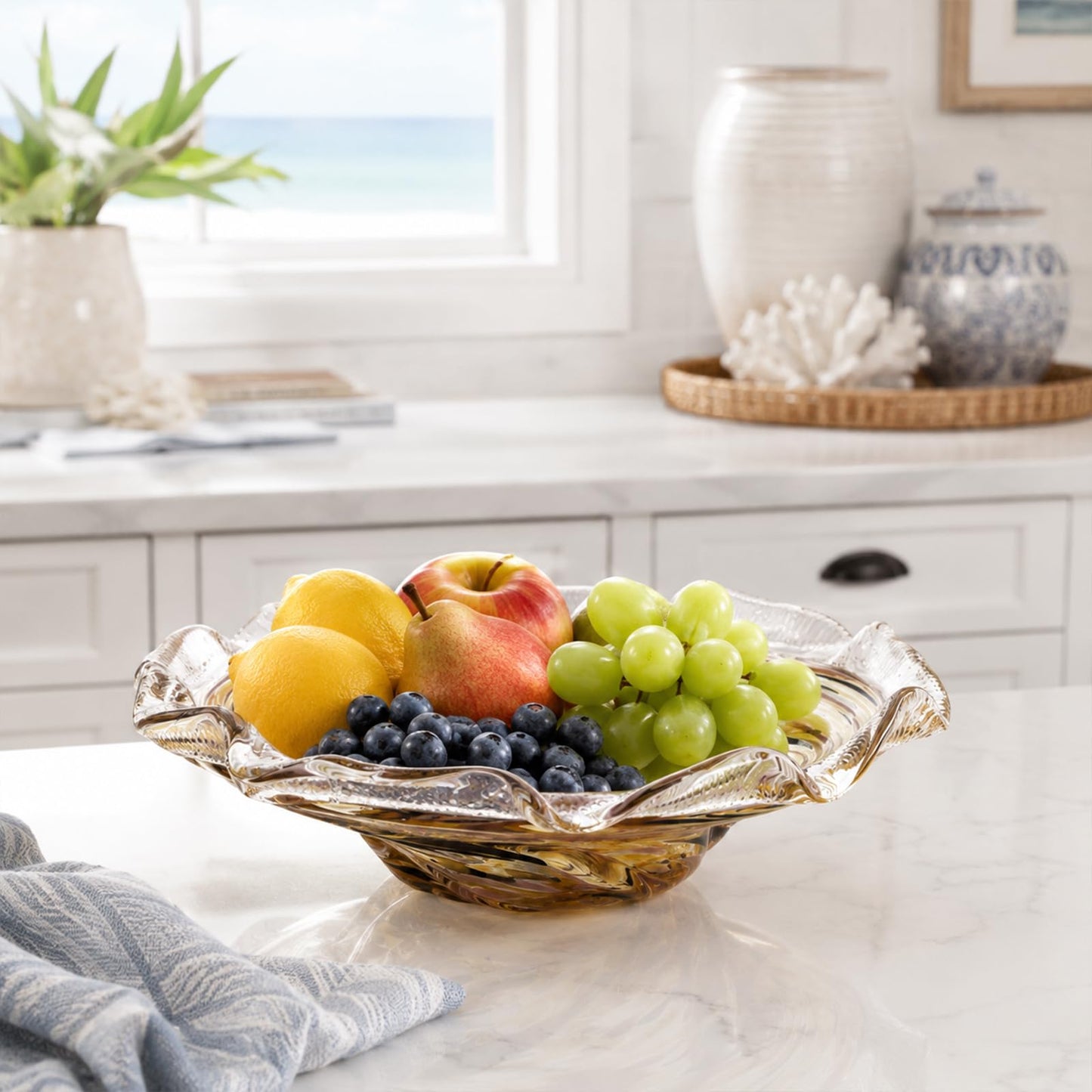 Large Hand Blown Glass Bowl, Ocean Wave Ruffled Rim Decorative Fruit Bowl, Swirled Blown Glass Centerpiece Bowl Glass, Blown Glass Art for Kitchen Counter Fruit Display or Office Candy Bowl (Amber)