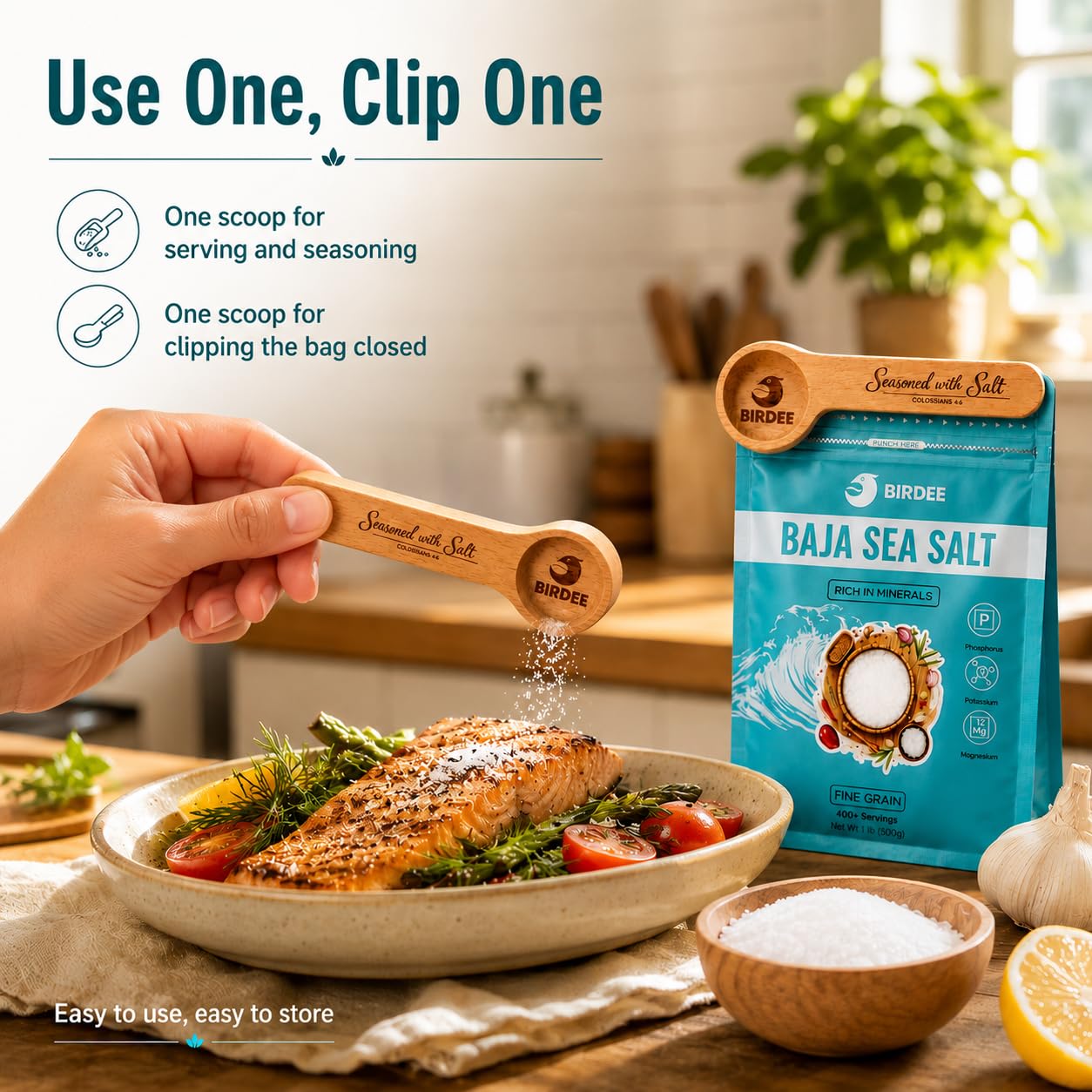 Birdee Culinary Gift Set, Solar-Dried Mineral Rich Fine Grain Sea Salt from Vietnam, 17.6 oz (500g) Pouch with Engraved Hardwood Spoon Bag Sealer Clip, Seasoned with Salt Colossians 4:6