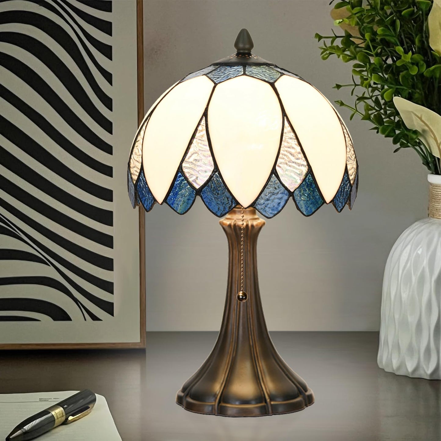 HomeBeauty TL0014 Tiffany Table Lamp Handmade Stained Glass Blue & White Lotus Bedside Lamp Bending Glass Reading Desk Light 9.5 X 16.5 Inches for Bedroom Living Room Home Office (Blue &White)