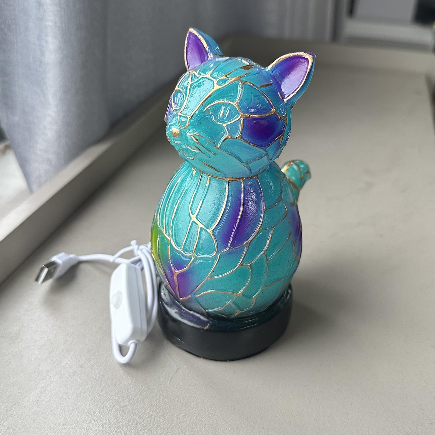 Desniltol 3D Animal Table Lamp, Retro Stained Animal Night Light Lamp, Cute Resin Animal Lamps, Vintage Animals Bedside Lamp with USB Ports Suitable for Living Room, Bedroom, Home Office (Cat)