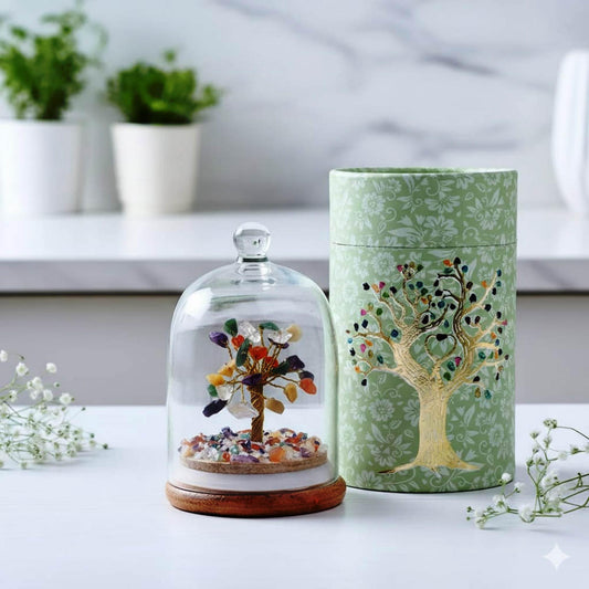 VINTAGE VOGUE 7 Chakra Healing Crystal Trees in Glass Dome| Handmade Gemstone Bonsai Tree for Positive Energy, Feng Shui, Meditation| Home Decor for Living Room & Office| Aesthetic Home Decor Items