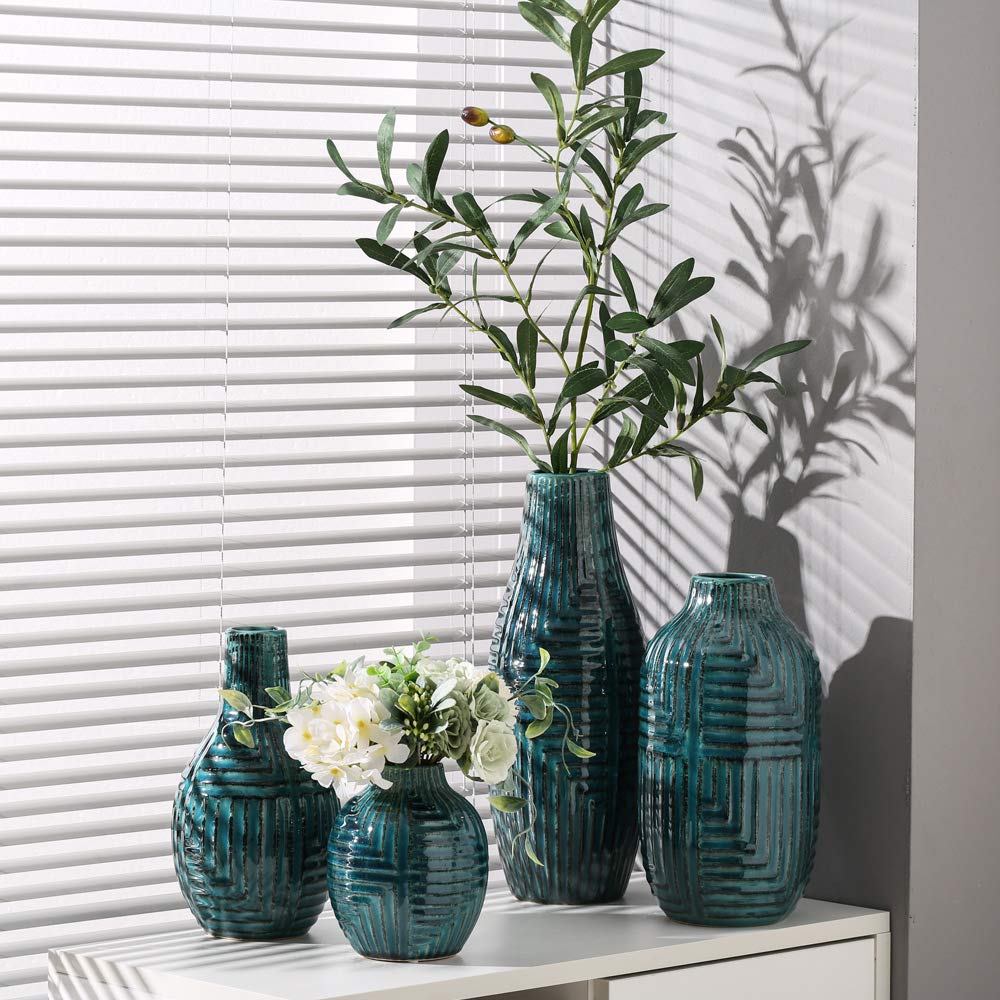 hjn Teal Hand-Glazed Ceramic Vase - 9.4" H Modern Decorative Centerpiece Vase for Fresh/Dried Flowers, Home Decor for Living Room Bookshelf Mantel | Wedding Housewarming Gift
