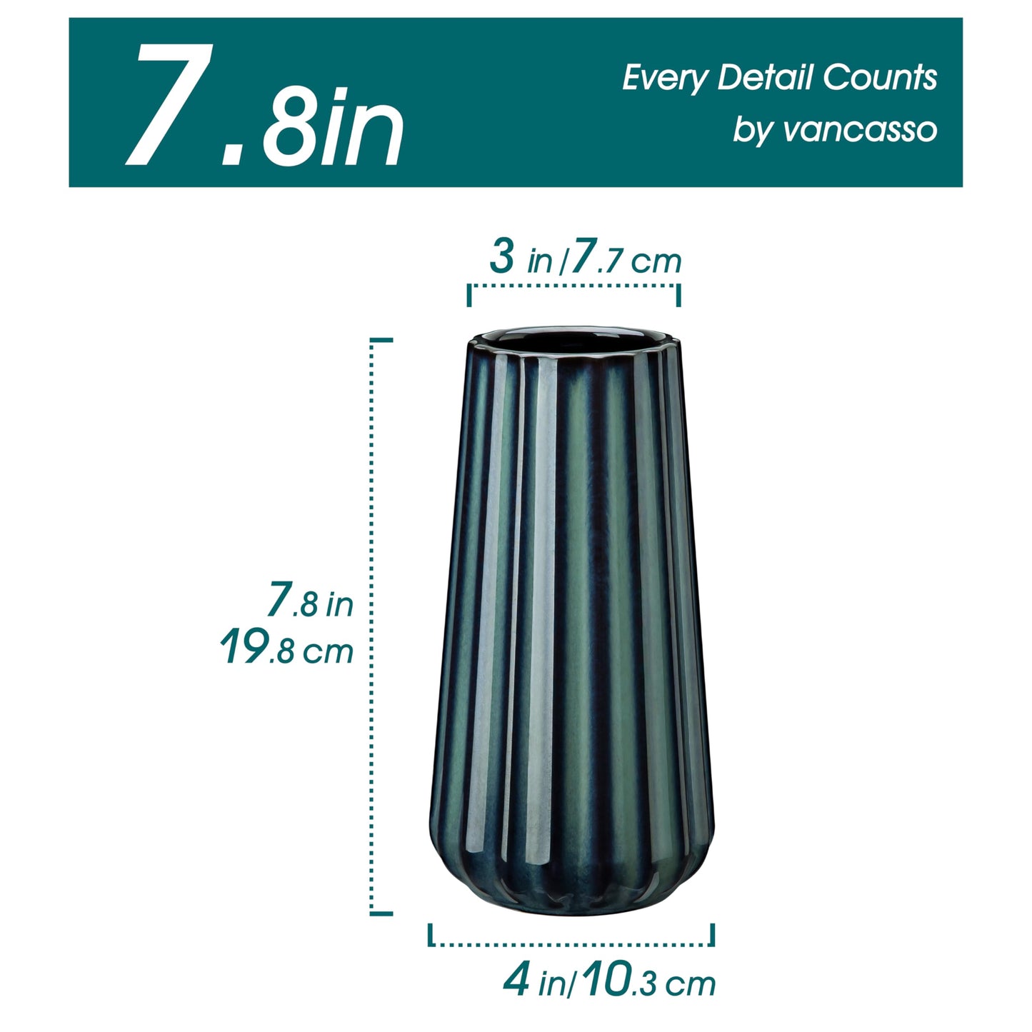 vancasso Ceramic Vase, 7.8 Inch Modern Ribbed Glossy Decorative Vase, Flower vase for Home Decor, Living Room, Bedroom, Office Decor, Green