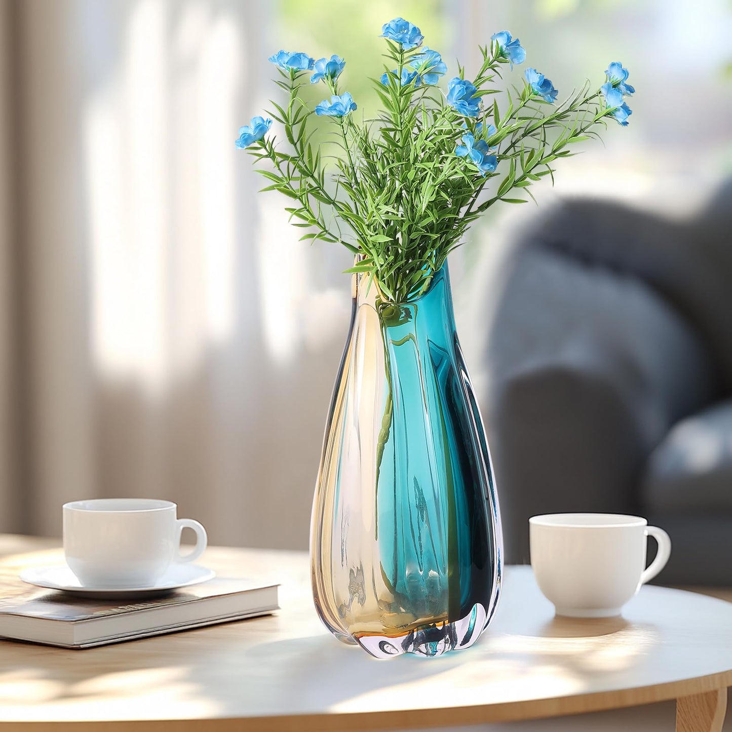 Hand Blown Glass Vase, Medium Wide Mouth Flower Vase Unique Modern Turquoise Glass Art Decor, Nonbreakable Vases for Table Centerpieces Living Room De