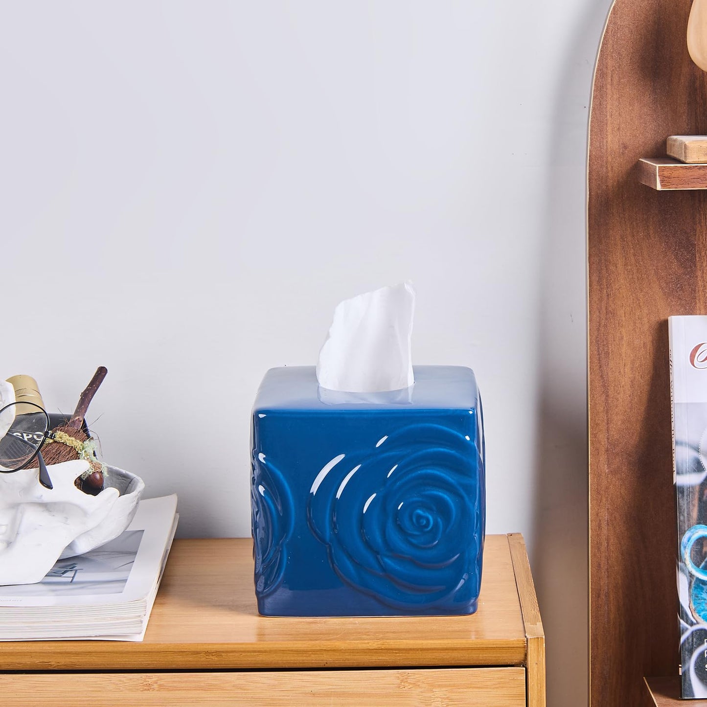 Deep Blue Ceramic Cube Tissue Box Cover with Rose – Large Elegant Rose Floral Square Decorative Tissue Box Holder for Bathroom, Bedroom, Office Desk, Kitchen Counter – Perfect Housewarming Gift