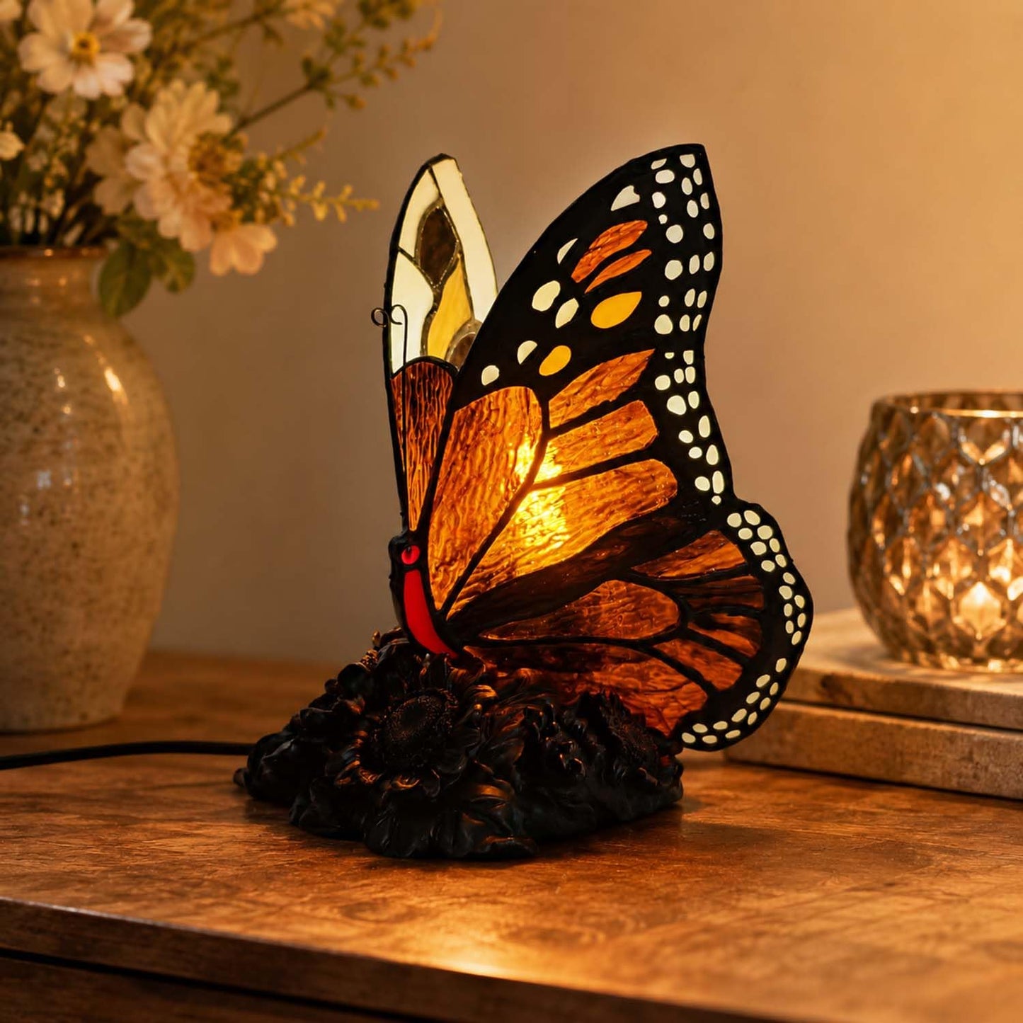 Bieye L13023 Monarch Butterfly on Sunflower Tiffany Style Accent Table Lamp for Home Decor (Amber)