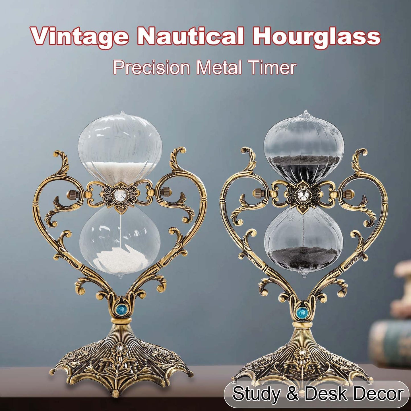 60 Minute Hourglass Timer, Vintage Engraving Large Rotating Sand Timer Clock, Unique SandWatch 60 Min, Antique Brass 1 Hour Glass Sandglass for Home, Desk, Office (Black)