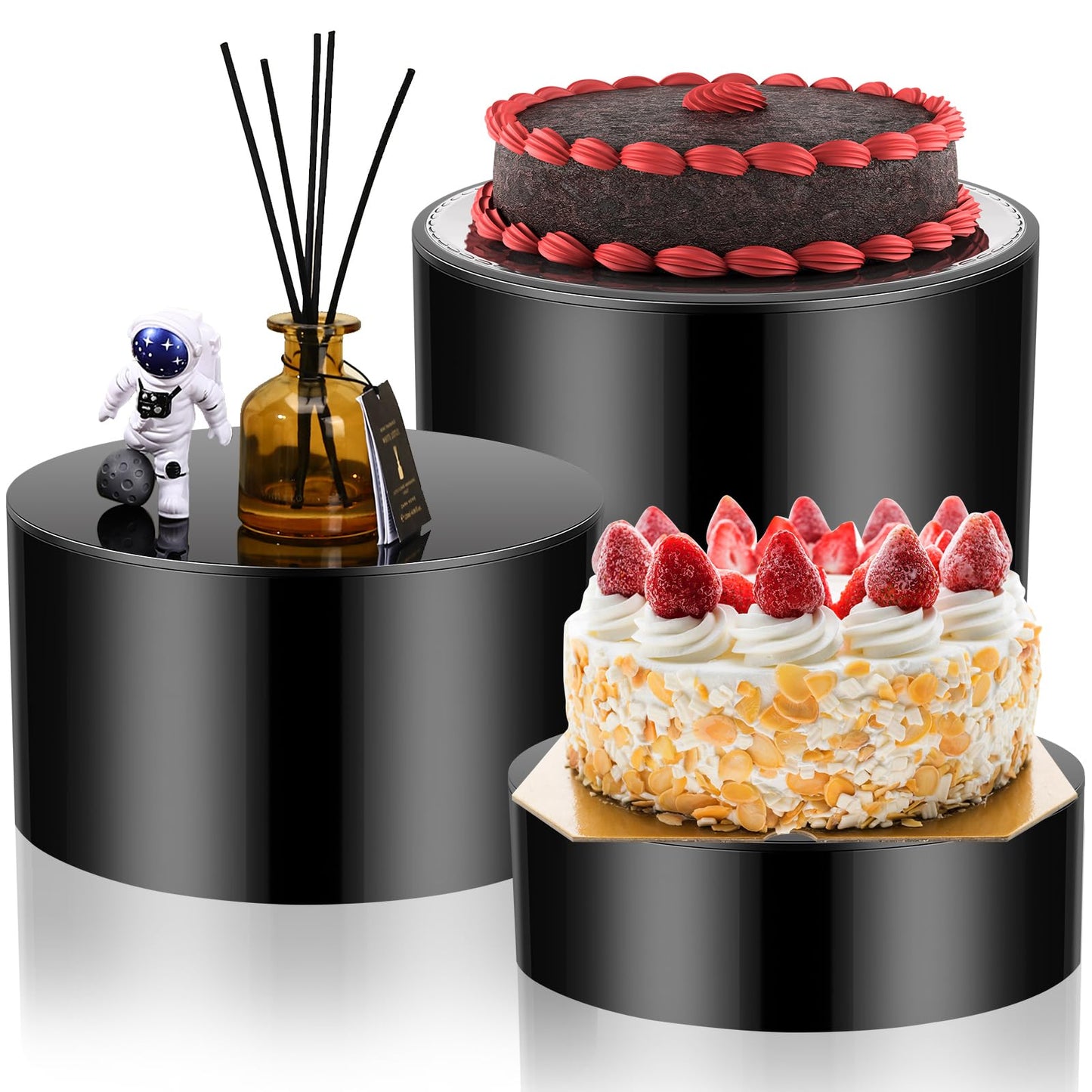 Weysat 3 Pcs Black Acrylic Risers for Display Stands, Round Cake Dessert Stand 3 Sizes, 6"x2", 7"x4", 8"x6", Food Risers Cylinder Nesting with Hollow Bottom for Wedding Parties Brunch Jewelry Show