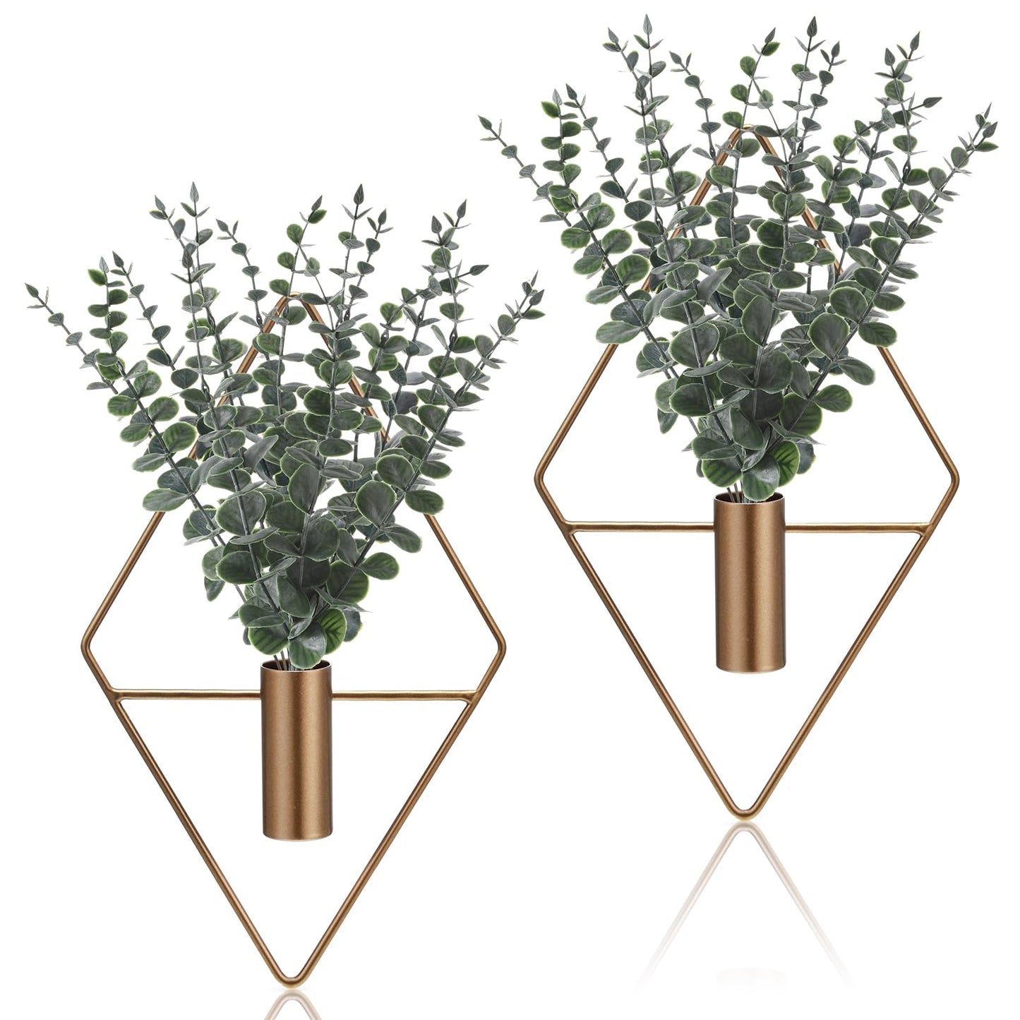 Jexine 4 Pcs Hanging Planters with Artificial Eucalyptus Metal Hanging Vase Indoor Plants Holder Modern Geometric Boho Bathroom Wall Decor for Living Room Home Office (Eucalyptus,Bronze)