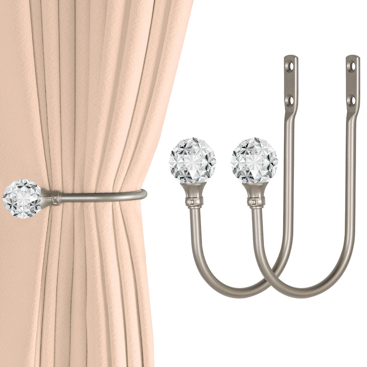Groleca 2 x Heavy Duty U Shaped Metal Curtain Holdbacks Curtain Tiebacks with Clear Crystal Ball Pull Backs Curtain Holders for Drapes (Silver)