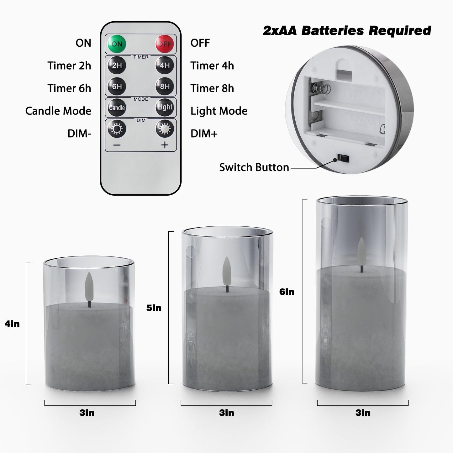 Battery Operated Flameless Candles with Remote & Timer, Grey Glass 3Pack
