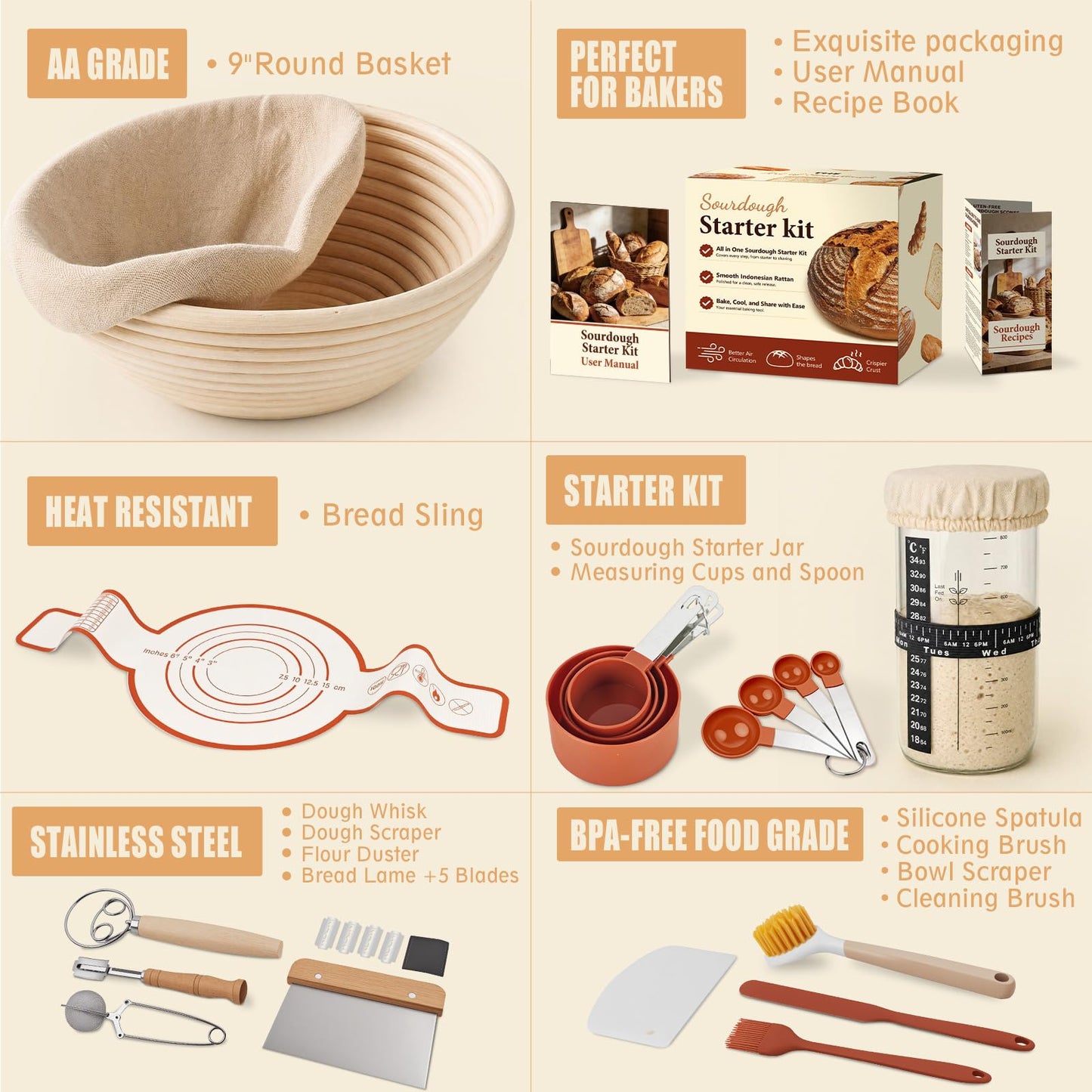 Sourdough Starter Kit, Sourdough Bread Baking Supplies, Banneton Bread Proofing Basket with Starter Jar, Dough Whisk, Scrapers, Recipe, Round Bread Proofing Basket, for Bread Baking