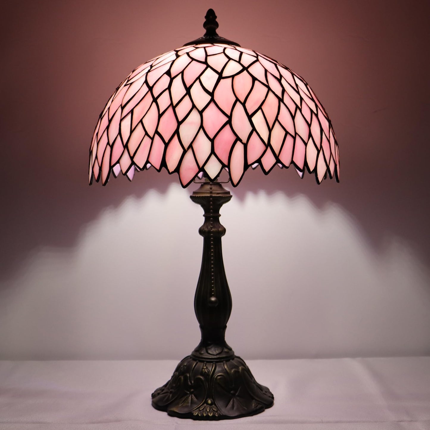 LXHCYOU Tiffany Lamp Stained Glass Table Lamp Bedside Reading Light W12H19 Inches (Pink Wisteria)