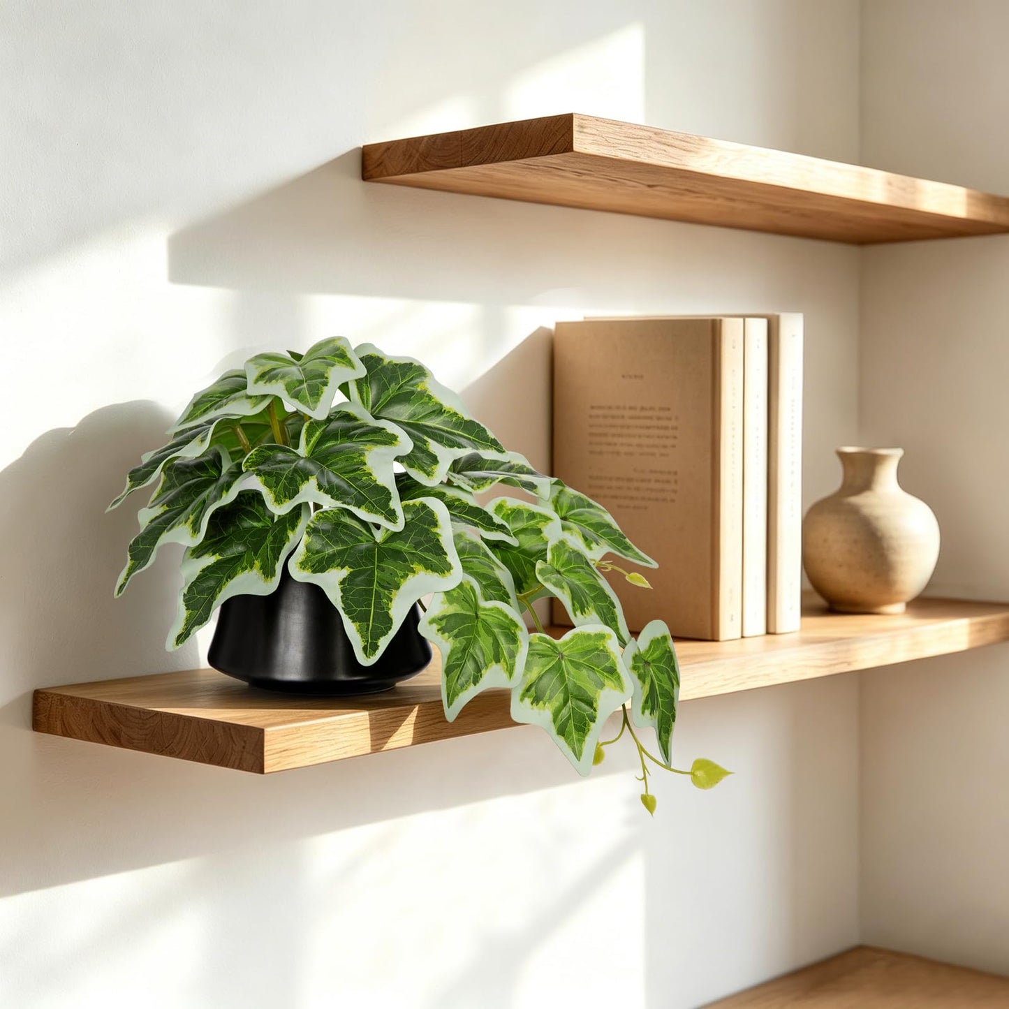 Arborus Artificial Potted Plants Set of 2 – Faux Variegated Monstera & Ivy Plants in Ceramic Pots, Small Artificial Hanging Greenery for Modern Home, Desk, Shelf & Bathroom Décor