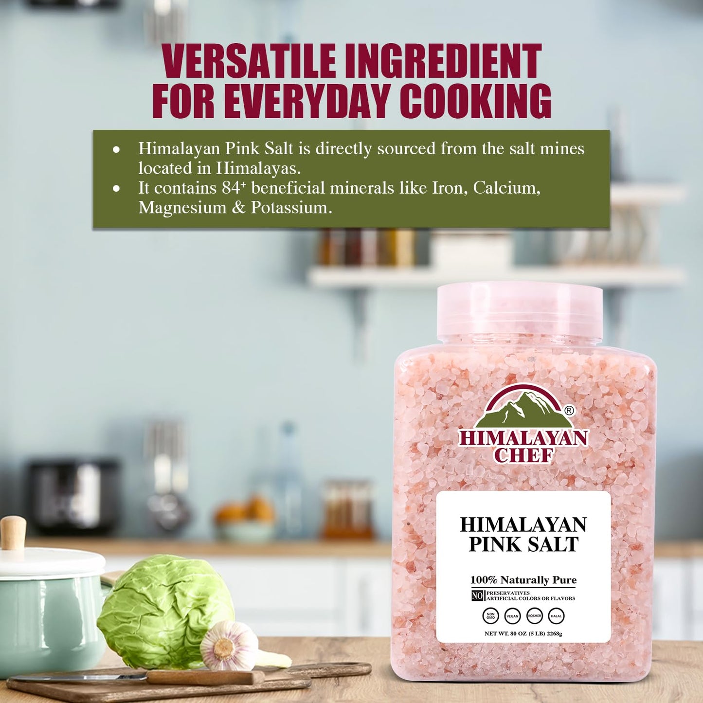 Himalayan Chef Himalayan Pink Salt 80oz (2.26kg), Non-GMO, Kosher, Coarse Grain, Nutrient and Mineral Dense for Health, Gourmet Pure Crystal Pink Salt for Grinder