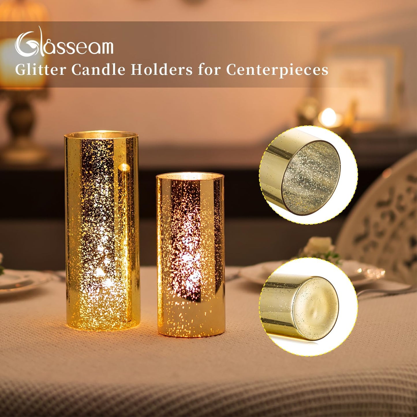 Glasseam Gold Cylinder Vases for Centerpieces: 12 Modern Mercury Hurricane Glass Vase Set for Flowers - Decorative Golden Pillar Candle Holders for Wedding Party Dining Room Table Decor