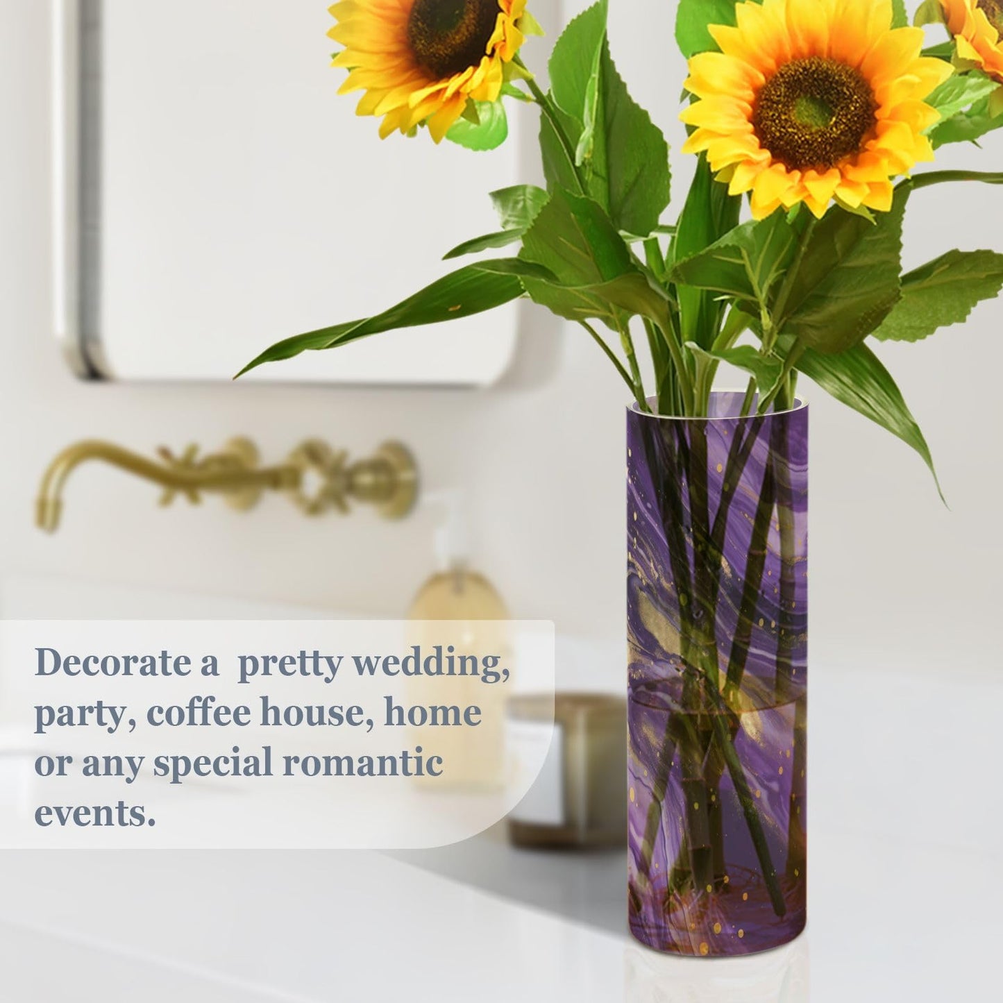 Msyxl Purple Gold Marble Flower Vase 3.9x11.8 in Table Centerpiece Plastic Vase Tabletop Display Bouquet Holder for Home and Wedding Decoration