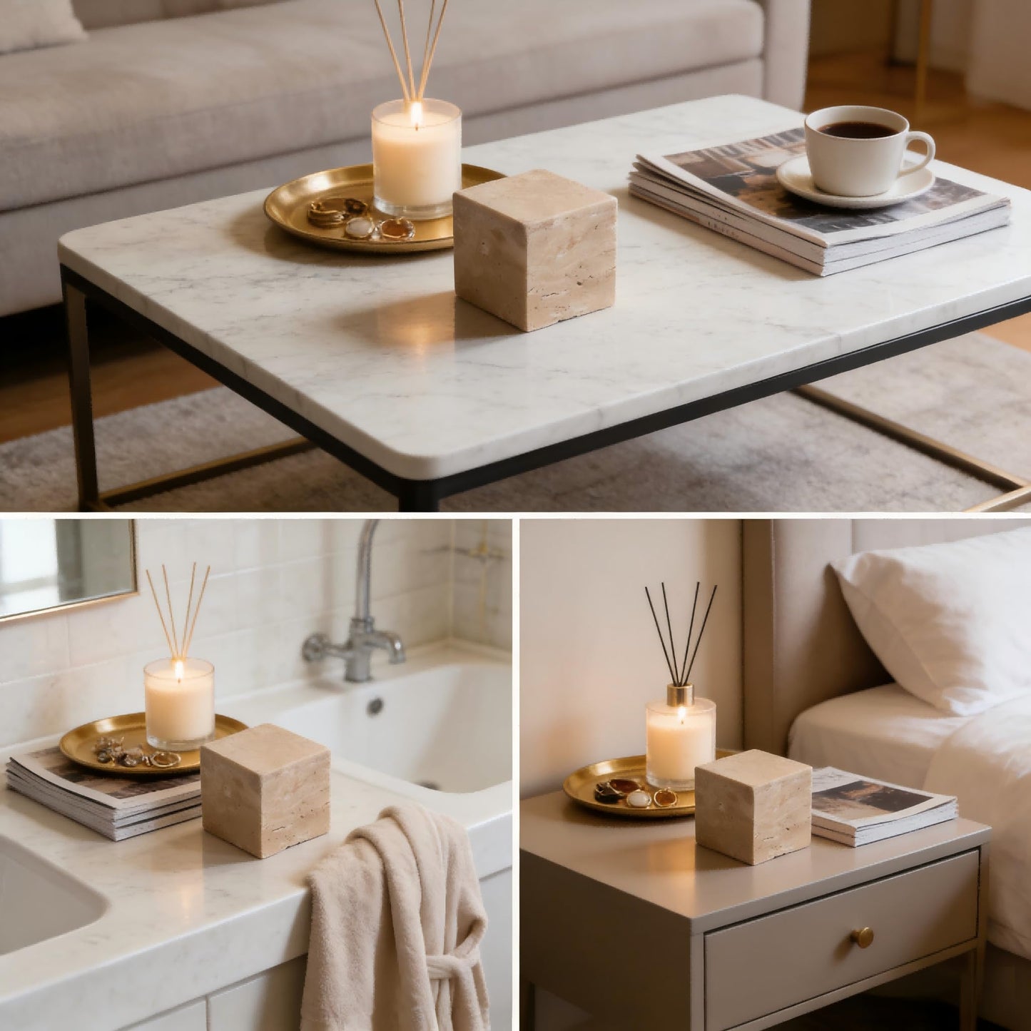 SIRIZEN-DIVING Natural Travertine Stone Jewelry Holder, Vanity Tray, Coasters and Decorative Blocks Set, Beige Multi-Size Marble Cubes for Home Office Decor (block-5x5x5cm)