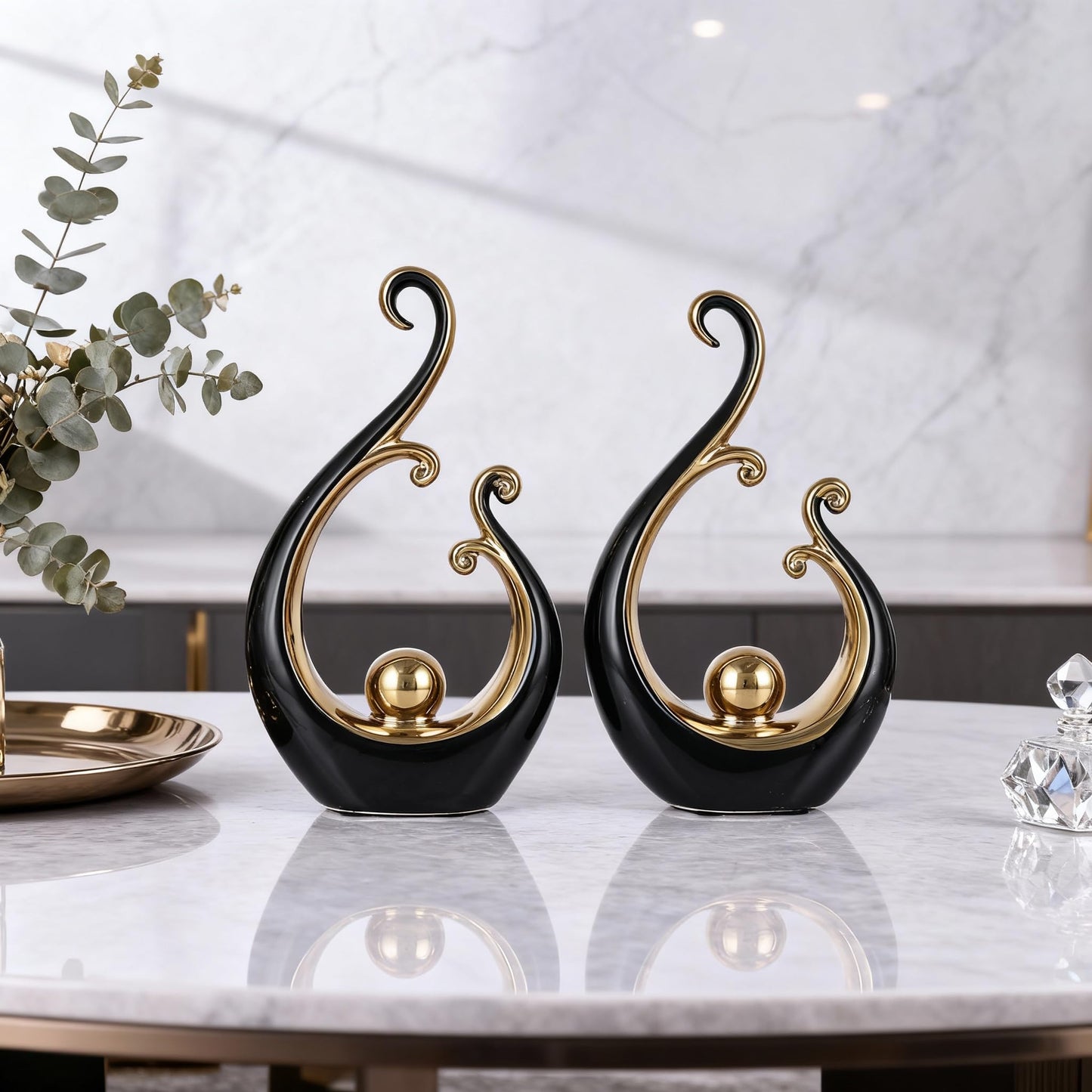 DOVDOV Black and Gold Home Decor, Abstract Ceramic 2-Piece Sculpture Set, Modern mid-Century Art Statues, Perfect for Accent Tables, countertops, Coffee Tables, and entryway Decor.