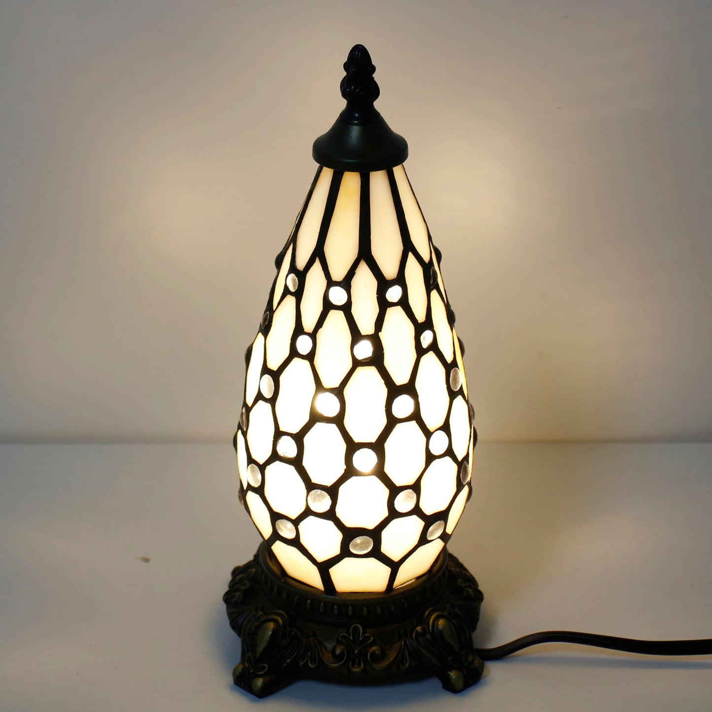TCODTPOL Small Tiffany Stained Glass Table Lamp 5.5X11 Inch (White Yellow)