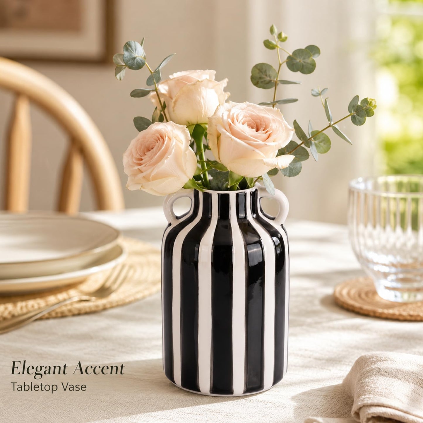 Blue and White Striped Ceramic Vase with Handles, Hand Painted Small Flower Vase for Tabletop Shelf Mantel Kitchen Counter Home Decor, Single Decorative Jar (Black)