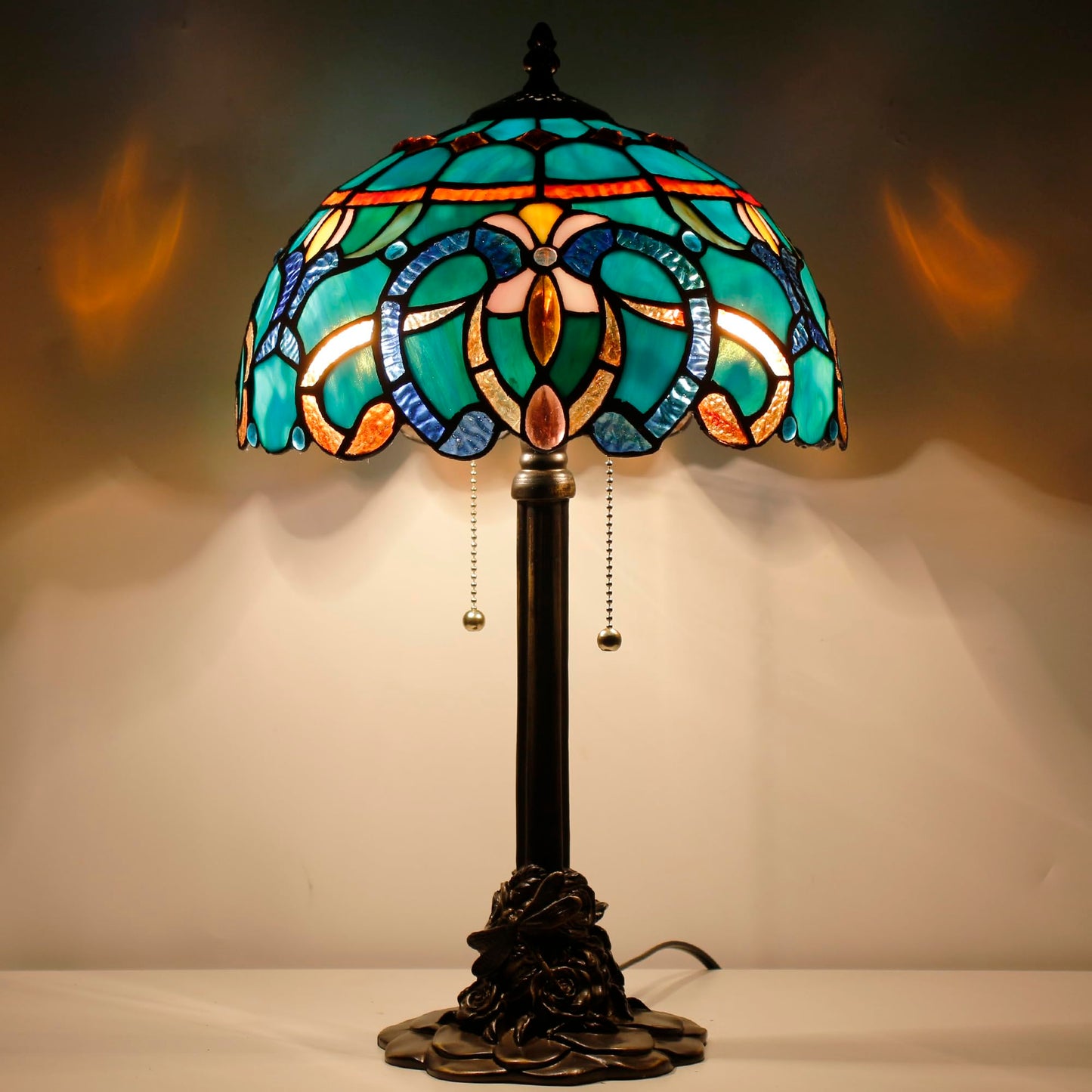 ANYONGLU Tiffany Table Lamp Stained Glass Desk Lamp 12X12X21Inch Resin Base for Bedroom Living Room Reading Light (Brown Jewelry Baroque)