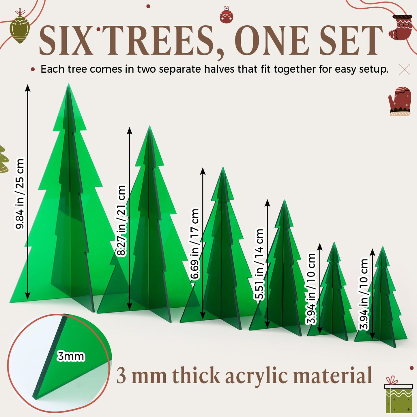 DoubleFill 6 Pcs Christmas in July Acrylic Tree Centerpieces, 4" to 10" 3D Mini Xmas Tree Tabletop Decoration Christmas in July Decorations for Office Home Modern Party Winter Decor(Green)