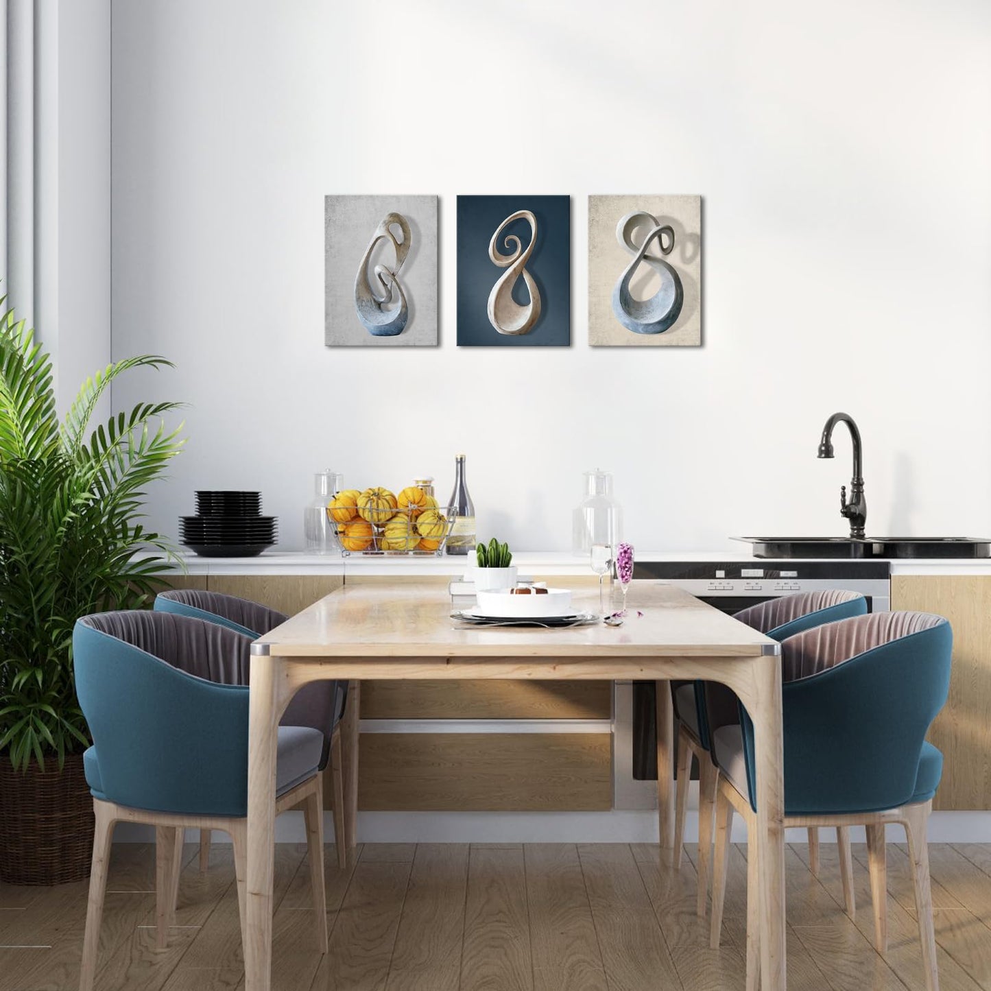 Biuteawal 3 Piece Grey Blue Sculpture Picture Abstract Geometry Canvas Wall Art Blue Print Painting Wall Artwork for Bedroom Office Living Room Decoration