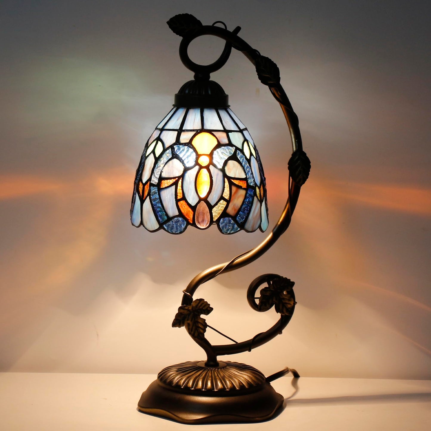 ANYONGLU Tiffany Stained Glass Reading Desk lamp Blue Purple Accent Style Bedside Metal Leaf Base 6X8X17 inch Bedroom Home Office Decoration