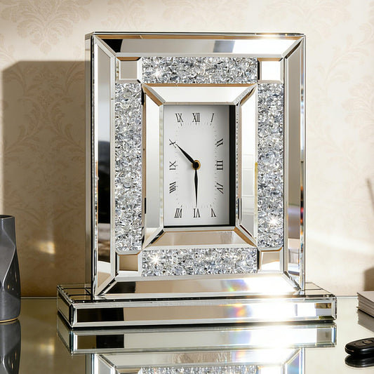 SHYFOY Mirrored Desk Clock with Crushed Diamond Inlay, 13" Decorative Table Clock, Silver Beveled Glass Mantel Clock, Non-Ticking Roman Numeral Tabletop Clock for Living Room Office Shelf Decor