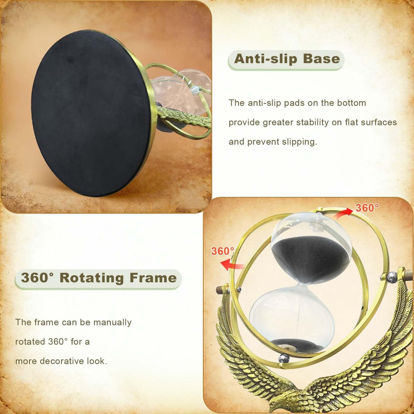 SuLiao Sand Timer Hourglass, 1 Hour Rotating Eagle Hour Glass, 60 Min Large Black Sand Clock, 60 Minute Unique Brass Sandglass, 1 hr Metal Decorative Reloj De Arena, Home, Desk, Office