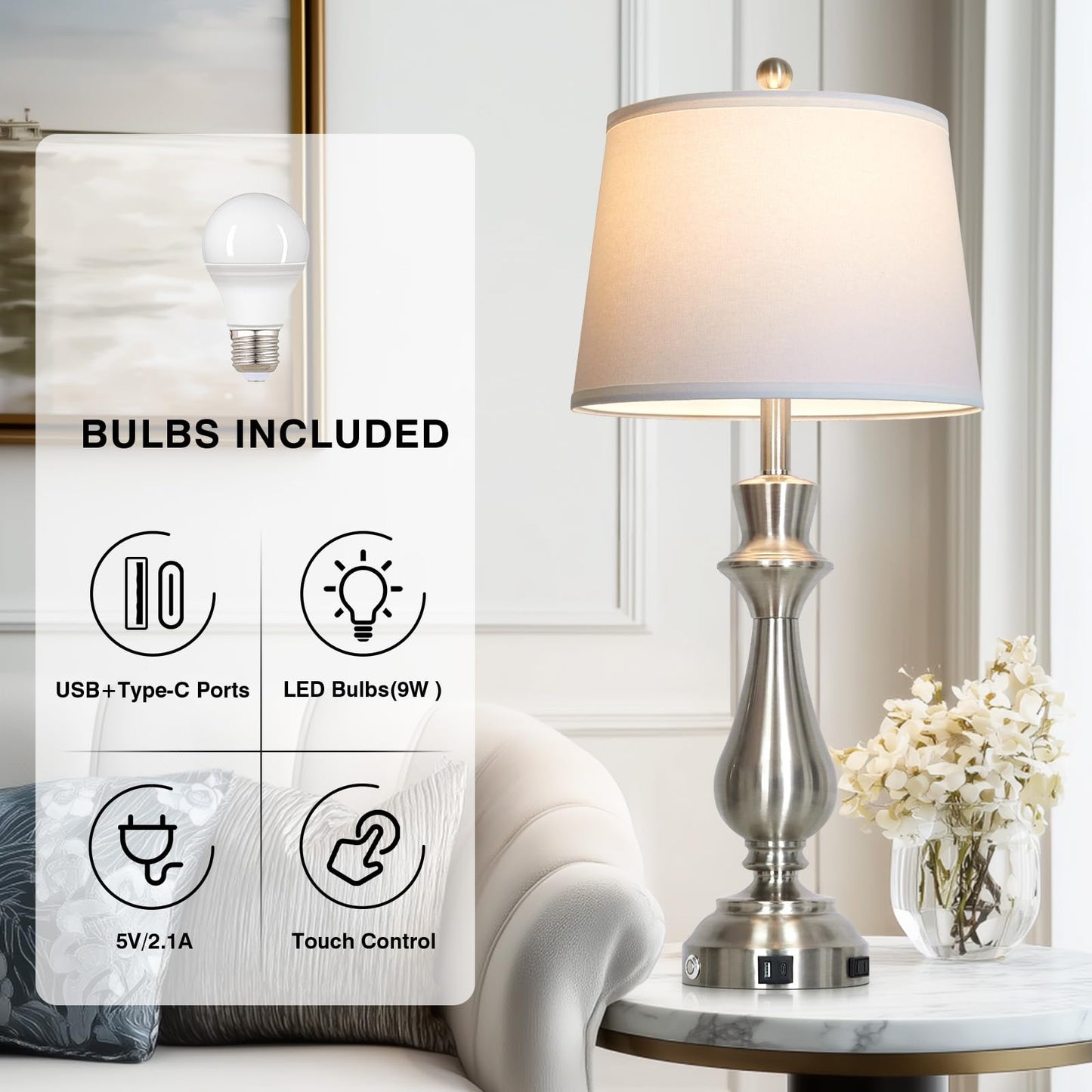 Cinkeda Silver Touch Lamps for Night Stand - 29.5" Tall Bedside Lamp with USB C+A, 3 Way Dimmable Bedroom Lamps, Brushed Nickel Table Lamps for Living Room,Single Silver