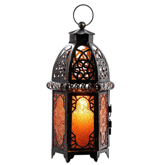 DECORKEY Vintage Large Size Decorative Ramadan Candle Lantern, 12.8’’ Metal Hanging&Tabletop Moroccan Lantern Candle Holder Decor, Halloween Christmas Decorations for Home Indoor Outdoor Patio (Amber)
