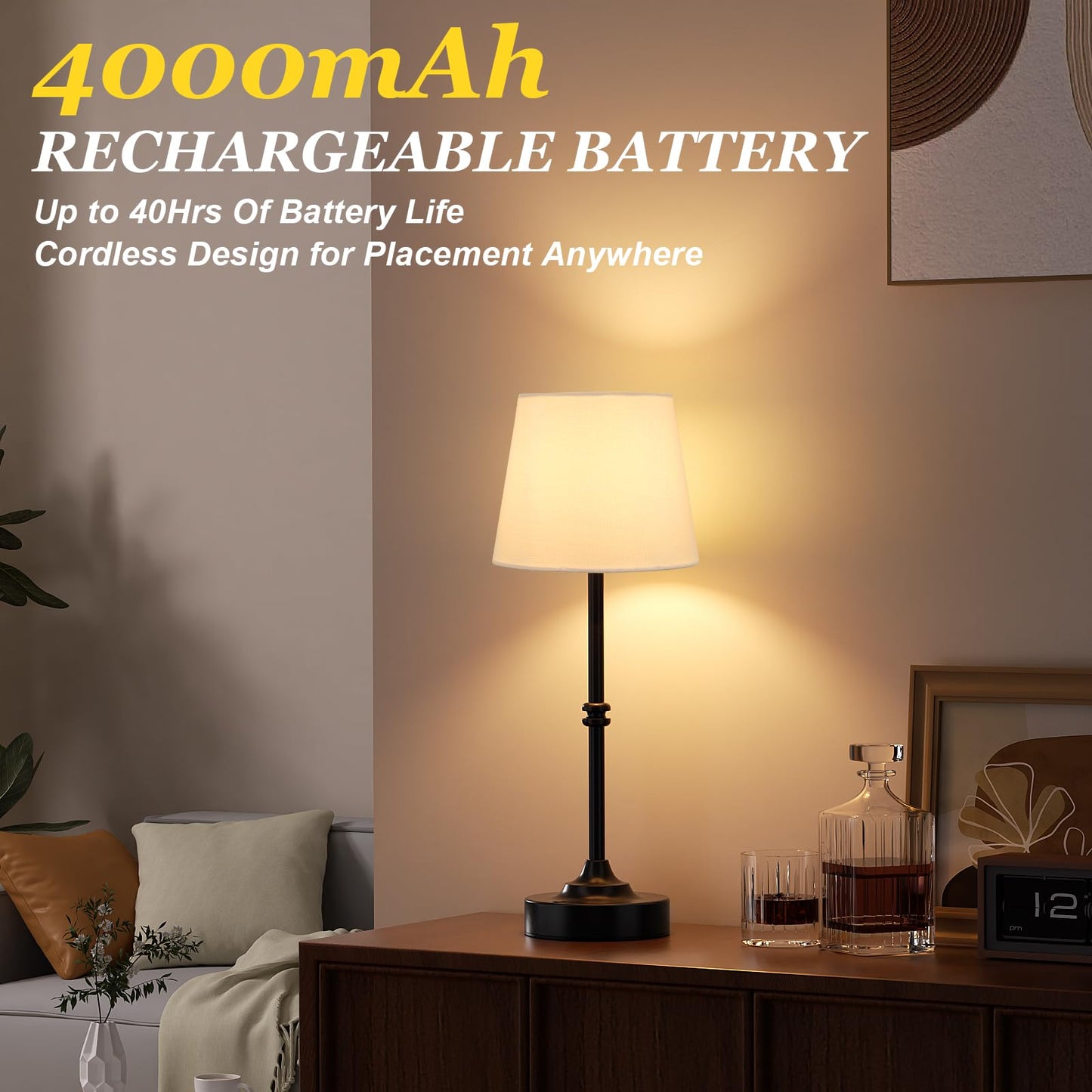 Kakanuo Rechargeable Cordless Table Lamp Black - 2 Pack 4000mAh Battery Operated Lamp, 3000K Warm Light, Touch Control Stepless Dimming, for Bedside, Dining Table, Home Decor