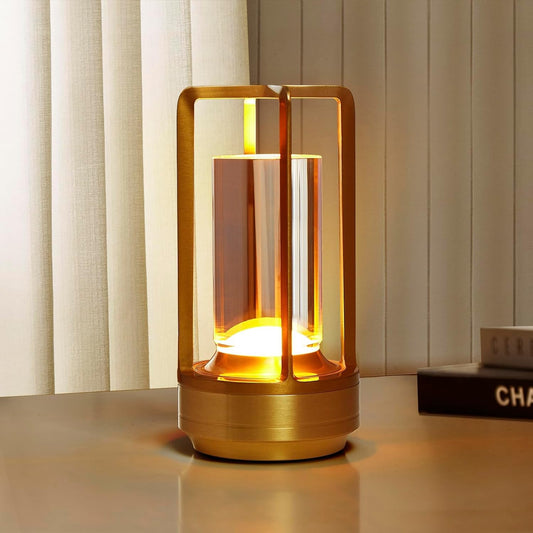 Cordless Rechargeable Table Lamps, Portable Lumisom Crystal Small Lantern Lamp with Touch Control & 3 Color Dimmable, 4000mAh Battery-Powered Klarako Crystal Desk Lanter for Outdoor Indoor (Gold)
