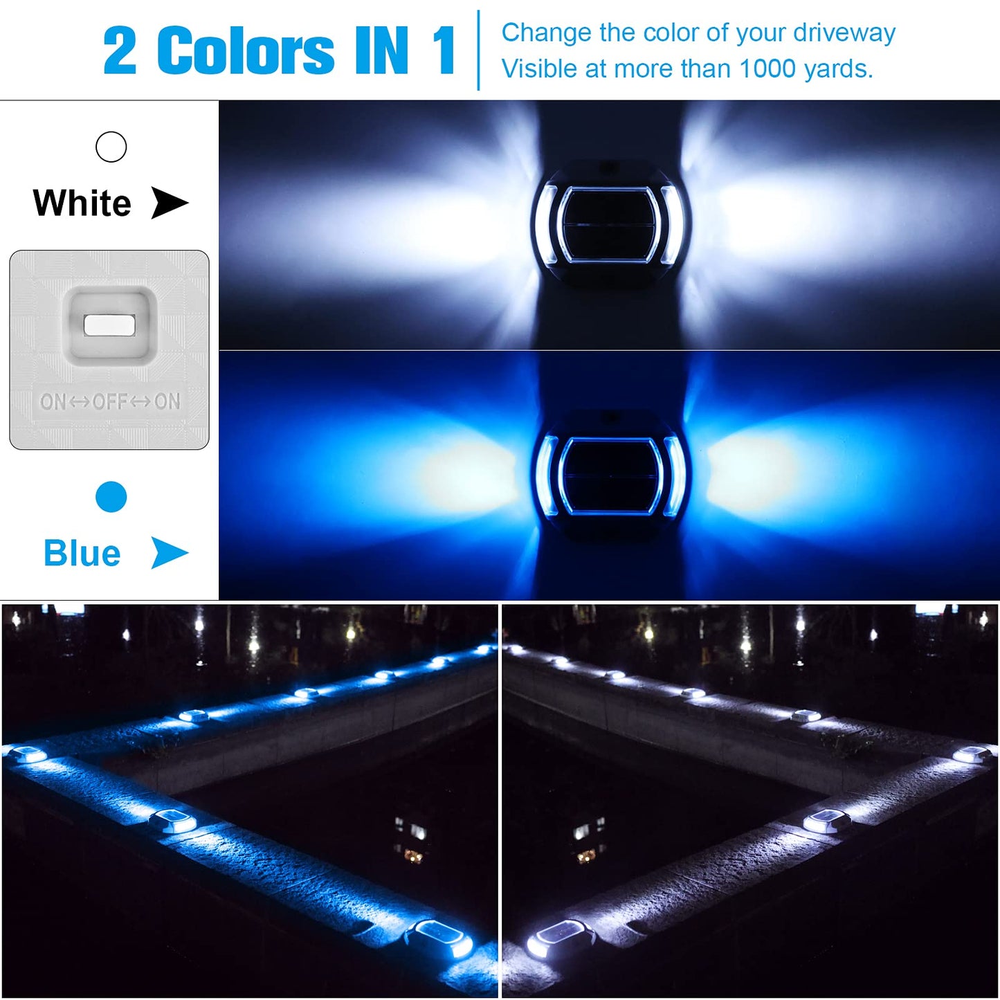 VOLISUN Solar Driveway Lights Dock Deck Lights 16 Pack,2 Colors in 1, LED Solar Powered Waterproof Outdoor Warning Step Light for Driveway Sidewalk Pathway (White/Blue),Auto On/Off