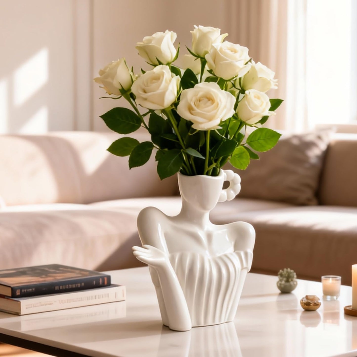 Ceramic Body Vase, Modern Artistic Human Shape Flower Vase for Decor, Small White Vase for Table, Shelf, Living Room, Office, Bedroom