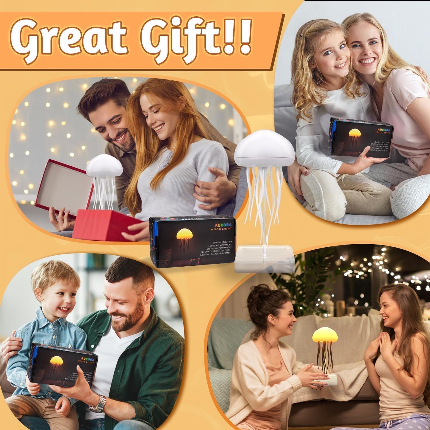 LED Jellyfish Lamp RGB Gradient Jelly Fish Light with Dancing Legs and Touch Sensor Rechargeable Cute Desk Lamp for Bedrooms, Living Room (Hanging + Base)